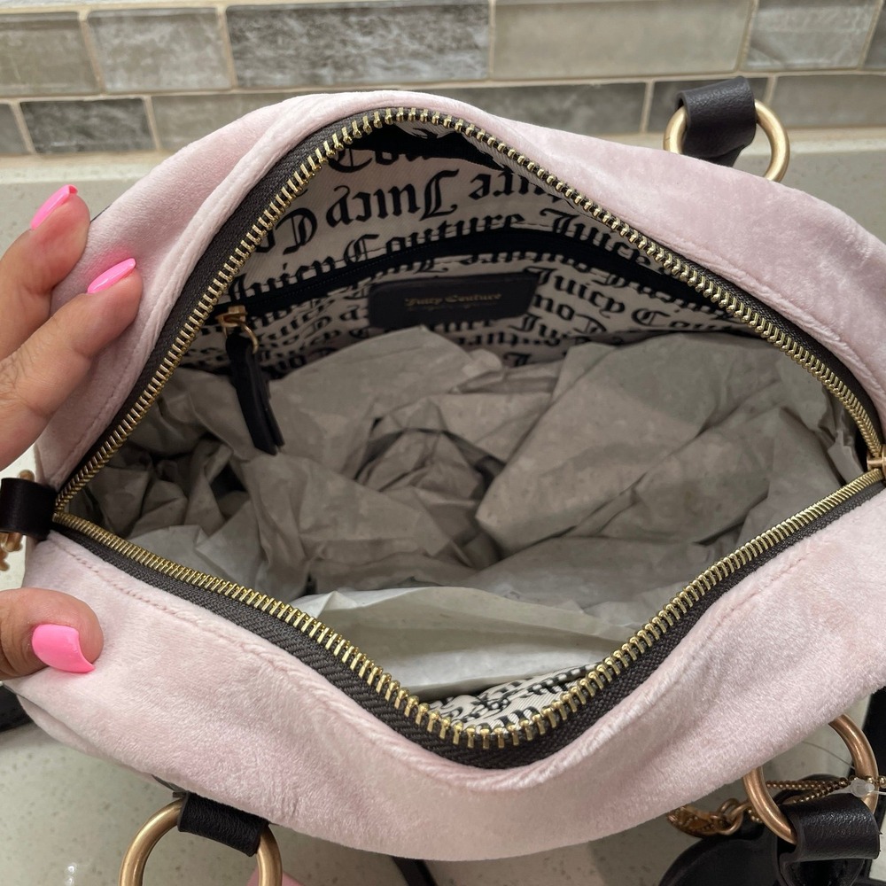 NEW Juicy Couture Pink Velour Satchel Bowler Bag Brown Trim Crossbody Heart - Picture 8 of 8